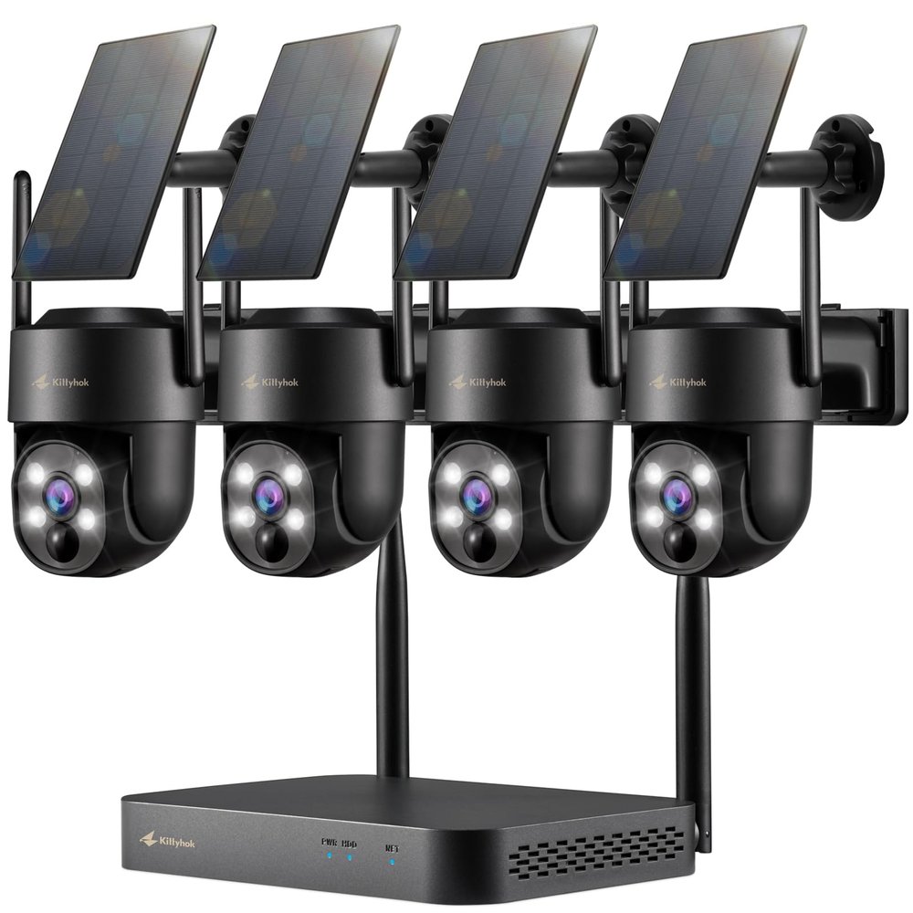 Kittyhok Black Solar Security Cameras Wireless Outdoor System, 5G/2.4G WiFi, 4pcs 2K Ultra Pan/Tilt Home Solar Security Camera with Human Detection, Spotlight, 10CH WiFi-6 NVR, 60 Days Local Storage
