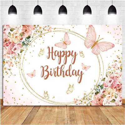 10x6.5ft Happy Birthday Backdrop Girls Pink Gold Butterfly Birthday Banner Photography Background Flowers Princess Birthday Party Decorations Supplies Photo Booth Props