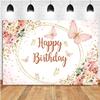 10x6.5ft Happy Birthday Backdrop Girls Pink Gold Butterfly Birthday Banner Photography Background Flowers Princess Birthday Party Decorations Supplies Photo Booth Props view 1