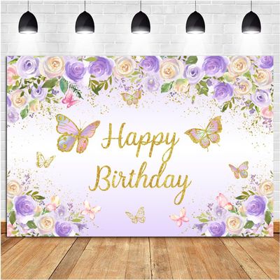 10x6.5ft Happy Birthday Backdrop Photography for Girls Purple Butterfly Gold Banner Princess Girl Birthday Party Cake Table Decorations Supplies Photo Booth Props