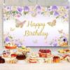 10x6.5ft Happy Birthday Backdrop Photography for Girls Purple Butterfly Gold Banner Princess Girl Birthday Party Cake Table Decorations Supplies Photo Booth Props view 3