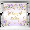 10x6.5ft Happy Birthday Backdrop Photography for Girls Purple Butterfly Gold Banner Princess Girl Birthday Party Cake Table Decorations Supplies Photo Booth Props view 4