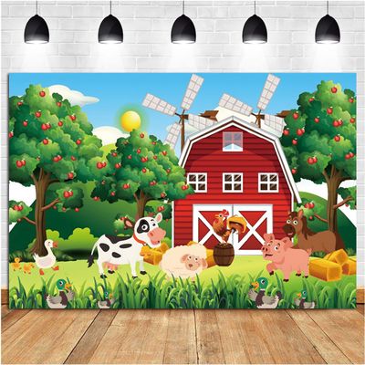 12x8ft Farm Backdrop Photography Red Barn House Farm Animals Banner Baby Shower Birthday Farm Theme Party Cake Table Decorations Supplies Photo Booth Props