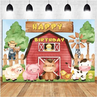 10x6.5ft Farm Red Barn Backdrop Kids Birthday Party Banner Cartoon Farm Animals Photography Background Boys Girls Birthday Party Cake Table Decorations Supplies Photo Booth Props