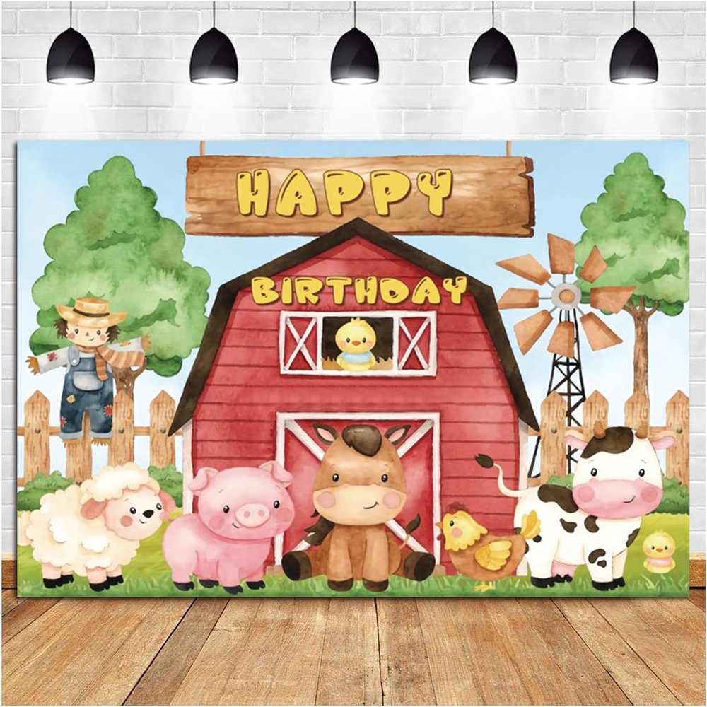 10x6.5ft Farm Red Barn Backdrop Kids Birthday Party Banner Cartoon Farm Animals Photography Background Boys Girls Birthday Party Cake Table Decorations Supplies Photo Booth Props