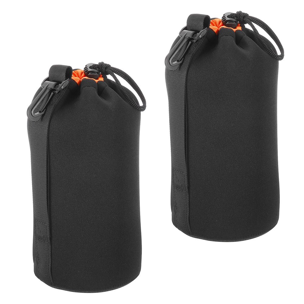 PATIKIL Camera Lens Bag, 2 Pcs 3.7" ID x 9.8" H Drawstring Lens Pouch with Thick Protective Neoprene, Lens Case for DSLR Camera Lens, Water Coffee Cups Black, Orange