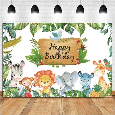 10x6.5ft Happy Birthday Safari Backdrop Wild Animals Tropical Green Palm Photography Background Kids Themed Birthday Party Banner Decorations Supplies Photo Booth Props
