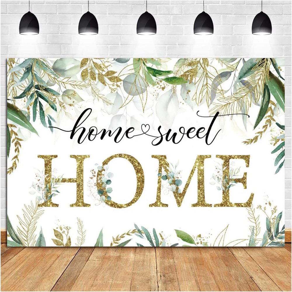 15x10ft Housewarming Backdrop Spring Gold Green Leaves Photography Background Home Sweet Home New House Party Banner Decorations Supplies Photo Booth Props