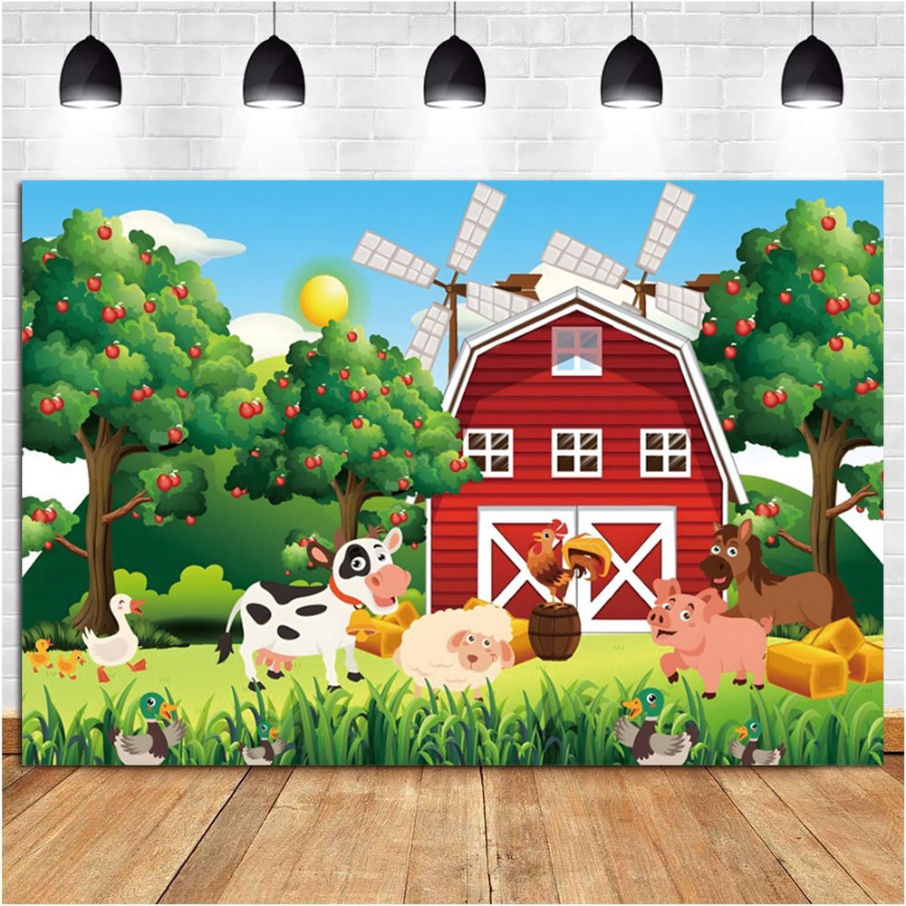 10x6.5ft Farm Backdrop Photography Red Barn House Farm Animals Banner Baby Shower Birthday Farm Theme Party Cake Table Decorations Supplies Photo Booth Props