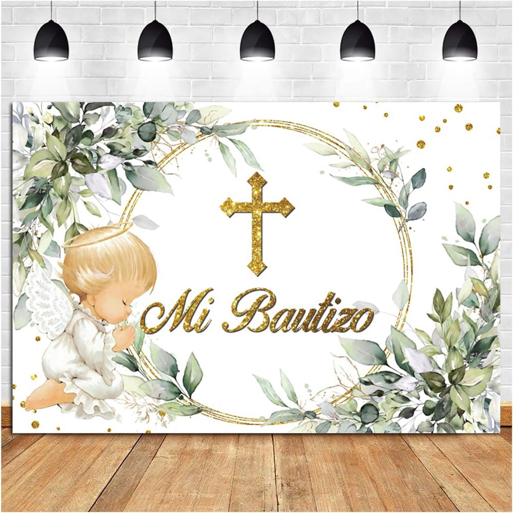 12x8ft Mi Bautizo Backdrop for Photography Greenery Eucalyptus Banner Baby Shower Party First Communion Cake Table Decorations Supplies Photo Booth Props