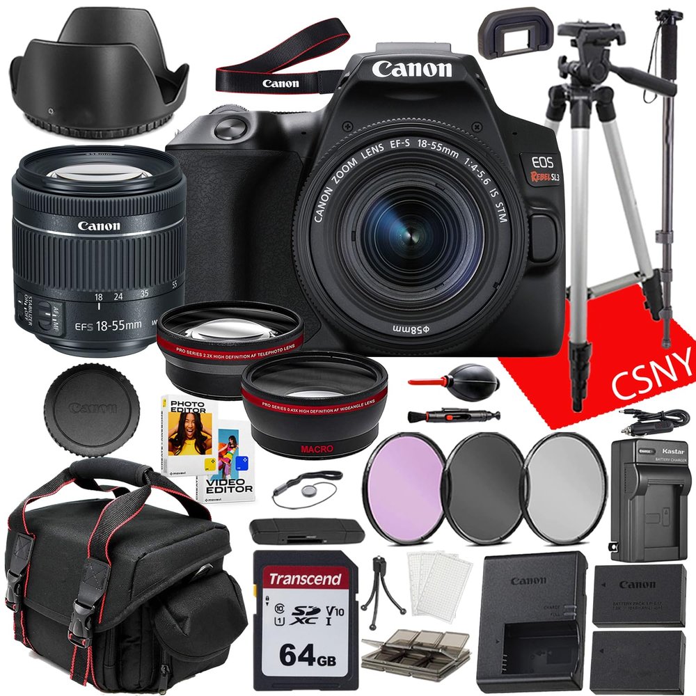 Canon EOS Rebel SL3 DSLR Camera with 15-55mm Lens + Pro Series .43 Wide Angle Lens Attachment + Filters + Tripod + More (25 pc Bundle) (Renewed)