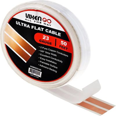 Vixen Go Hidden Flat Wire 2 Conductor 23 Gauge Paintable Cable for LED Lighting, Smart Doorbell, Audio Speakers, Low Voltage Appliances 50FT