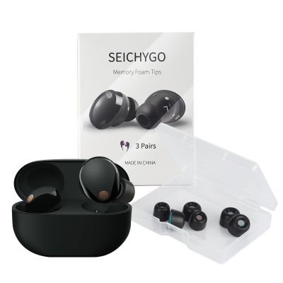 3 Pairs Memory Foam Ear Tips with Dust Mesh for Sony WF-1000XM5 / WF-1000XM4 / XM3, Super Comfort & Anti-Slip Replacement Ear Tip | No Rubber Pain | with Storage Box, Black | Large