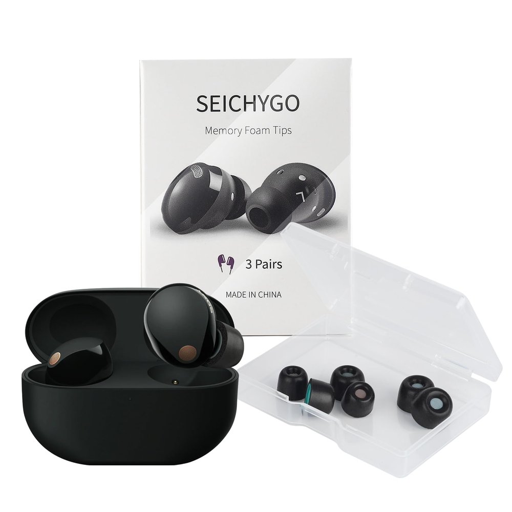 3 Pairs Memory Foam Ear Tips with Dust Mesh for Sony WF-1000XM5 / WF-1000XM4 / XM3, Super Comfort & Anti-Slip Replacement Ear Tip | No Rubber Pain | with Storage Box, Black | Large