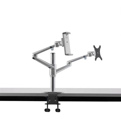 Monitor Desk Aluminum 3 in 1 Height Adjustable Desktop Dual Arm 17-32 inch Monitor Holder+12-17 inch Laptop Stand +14 inch Tablet Mount Monitor Stand (Color : Silver)