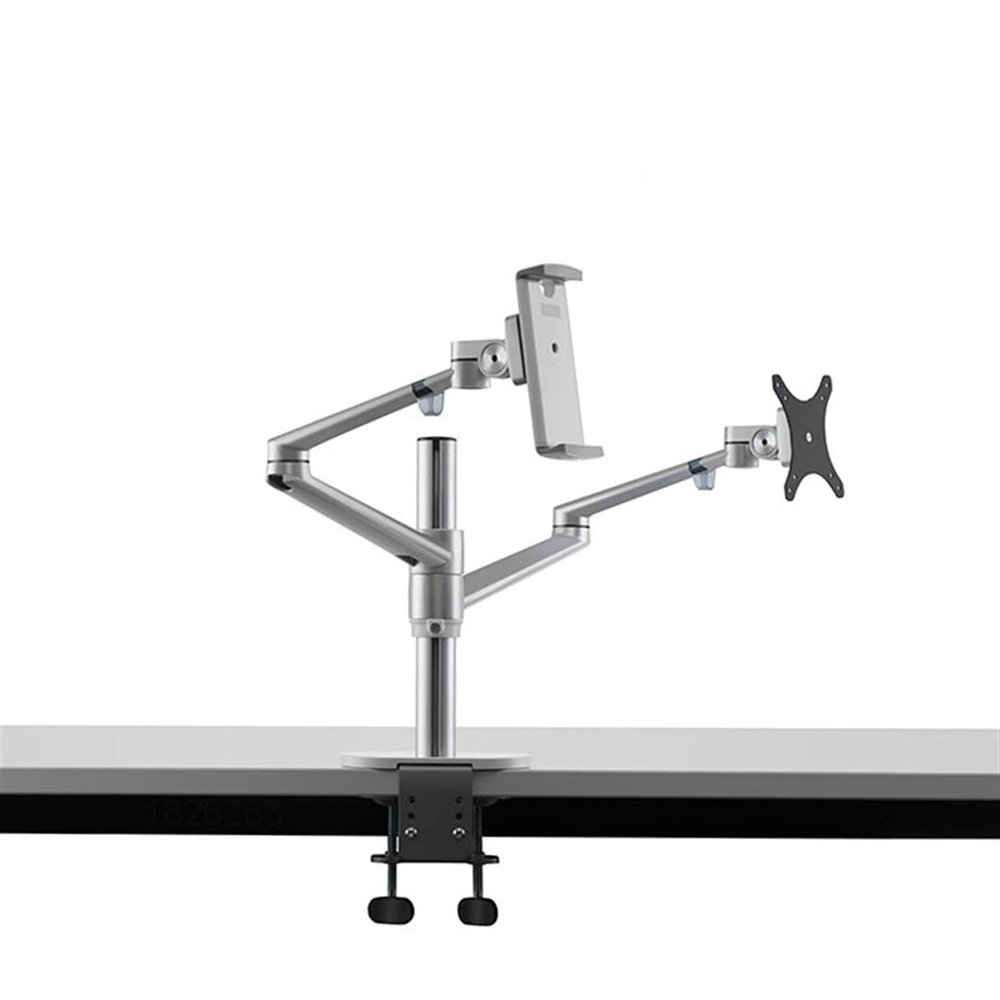 Monitor Desk Aluminum 3 in 1 Height Adjustable Desktop Dual Arm 17-32 inch Monitor Holder+12-17 inch Laptop Stand +14 inch Tablet Mount Monitor Stand (Color : Silver)