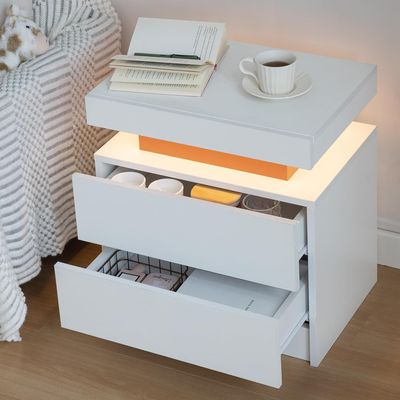 Nightstand LED Bedside Table Cabinet Lights Modern End Side Table with 2 Drawers for Bedroom, Living Room, Salon and Office. (Pink+White@1)