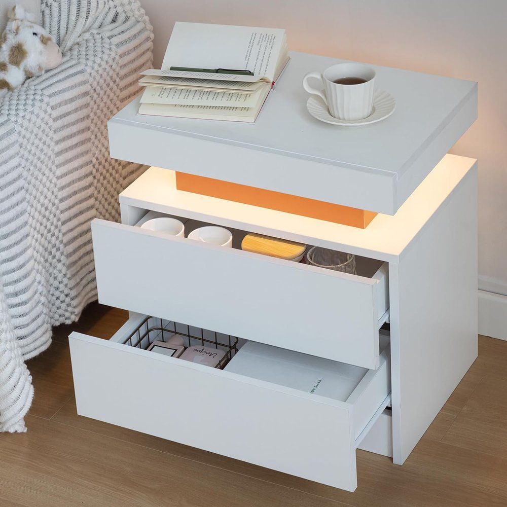 Nightstand LED Bedside Table Cabinet Lights Modern End Side Table with 2 Drawers for Bedroom, Living Room, Salon and Office. (Pink+White@1)