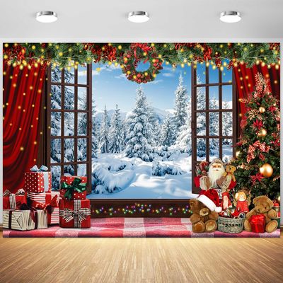 10x8ft Christmas Backdrop Winter Snowy Forest Window Wonderland Photography Background Merry Xmas New Year Eve Family Party Banner Decorations Supplies Photo Booth Props
