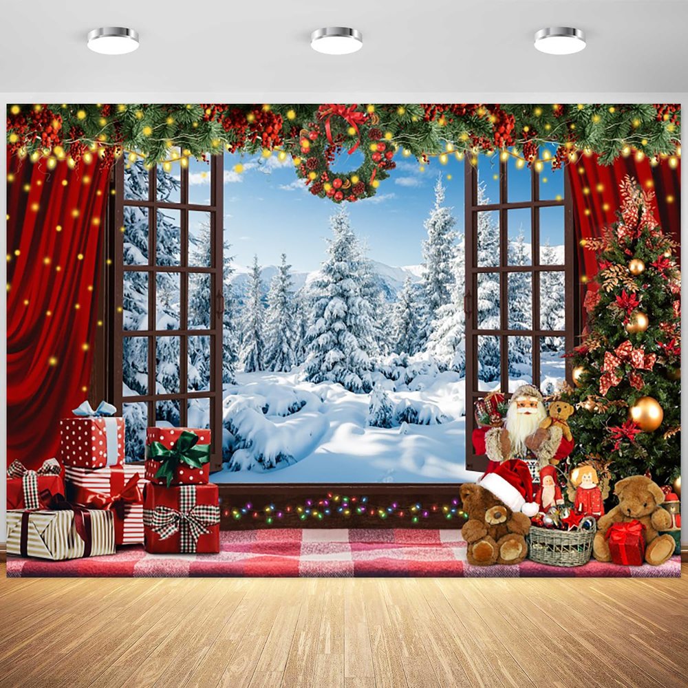 10x8ft Christmas Backdrop Winter Snowy Forest Window Wonderland Photography Background Merry Xmas New Year Eve Family Party Banner Decorations Supplies Photo Booth Props