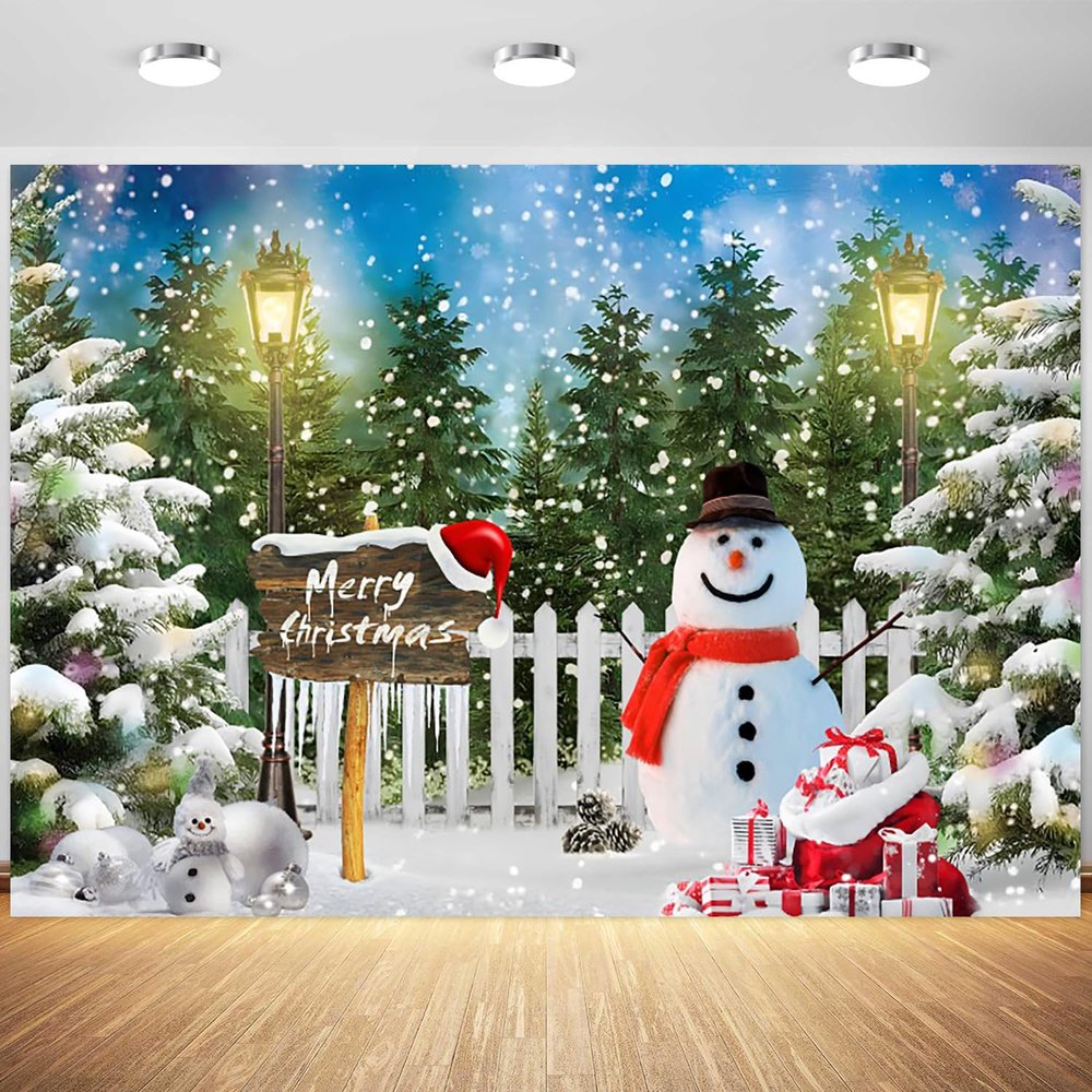 12x8ft Christmas Backdrop Winter Snowflakes Snowman Pine Tree Forest Photography Background Merry Xmas Family New Year Party Banner Decorations Supplies Photo Booth Props