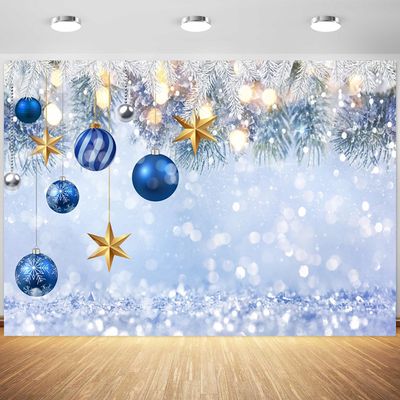 15x10ft Christmas Backdrop Winter Snow Blue Balls Photography Background Merry Xmas Family New Year Eve Party Banner Decorations Supplies Photo Booth Props
