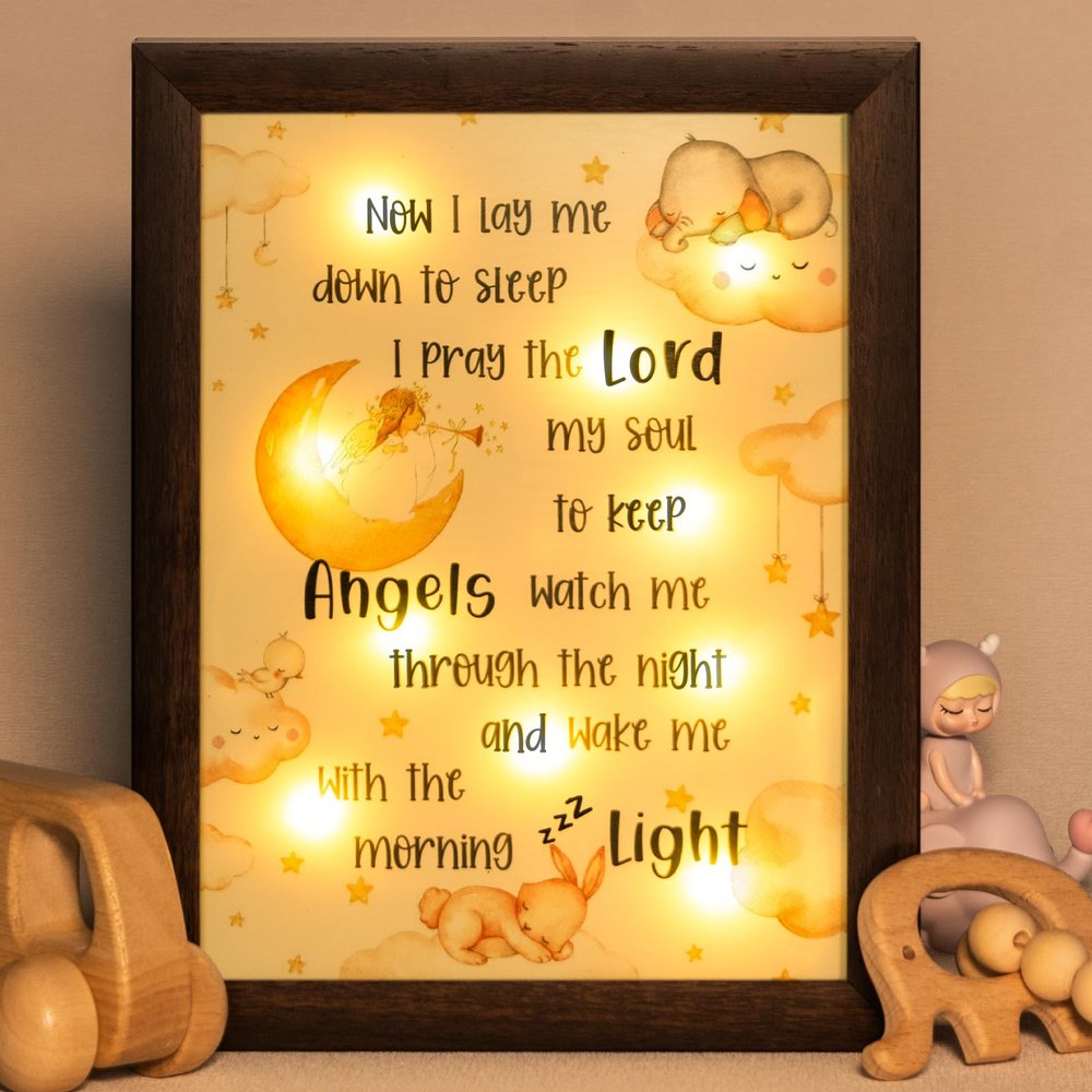 Baptism Gifts for Boys Girls - Night Light Nursery Decor Frame for Bedtime Prayer, Christening Dedication Catholic Godparents Gifts for Kids, Baby Shower Baptismal(Brown)