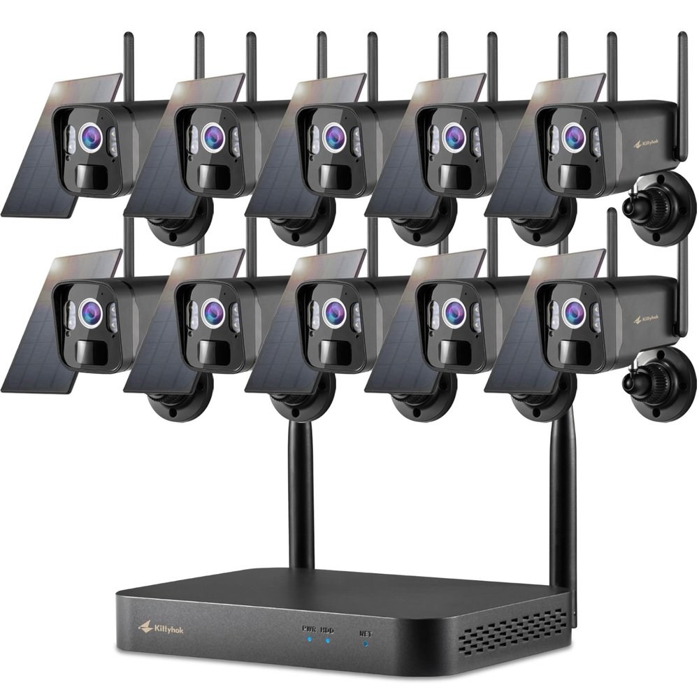 Kittyhok Solar System Camera System Outdoor Wireless, 10pcs Black 2K Wireless Outdoor Security Camera, Solar Power, Human Detection, Spotlight, 10CH NVR, Local Storage, No Monthly Fee
