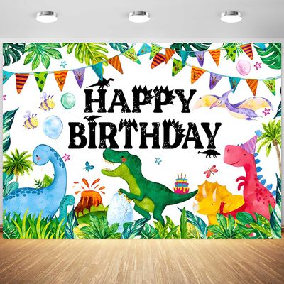 12x8ft Dinosaur Happy Birthday Backdrop Cartoon Dinosaur Theme Watercolor Jungle Plant Photography Background Kids Boys Birthday Party Banner Decorations Supplies Photo Booth Props