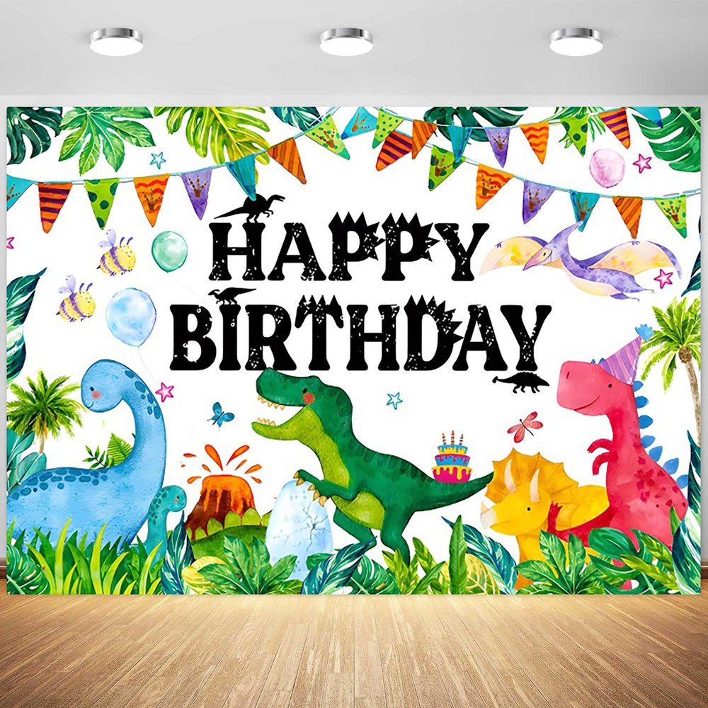 12x8ft Dinosaur Happy Birthday Backdrop Cartoon Dinosaur Theme Watercolor Jungle Plant Photography Background Kids Boys Birthday Party Banner Decorations Supplies Photo Booth Props