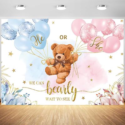 10x8ft Gender Reveal Backdrop Baby Bear Boy or Girl Photography Background Baby Shower Party Blue and Pink Banner Decorations Supplies Photo Booth Props