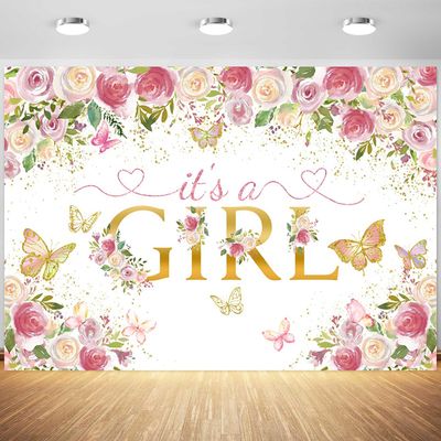 12x8ft It's a Girl Baby Shower Backdrop Rose Gold Pink Floral Butterfly Photography Background Gender Reveal Baby Girl Princess Party Banner Decorations Supplies Photo Booth Props