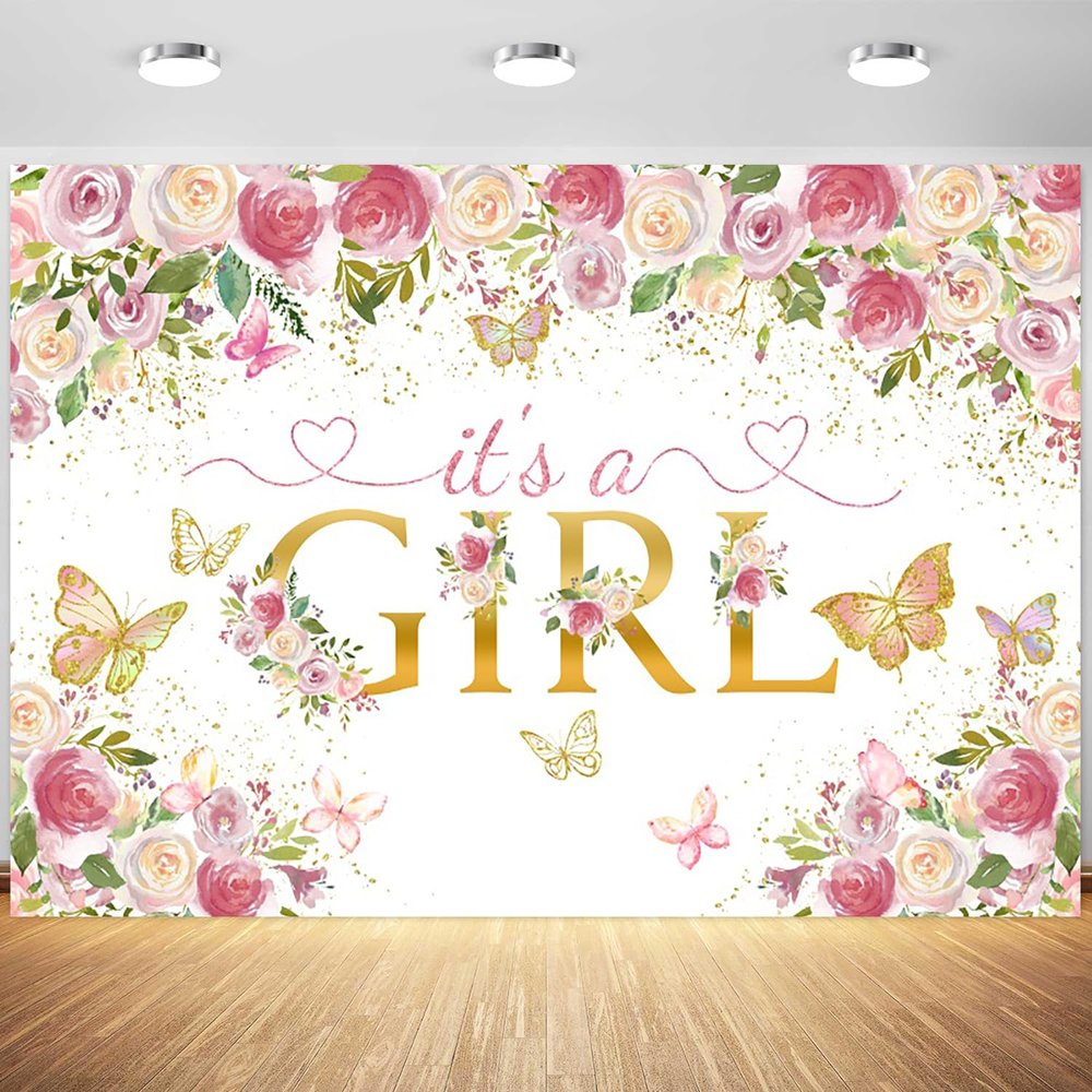 12x8ft It's a Girl Baby Shower Backdrop Rose Gold Pink Floral Butterfly Photography Background Gender Reveal Baby Girl Princess Party Banner Decorations Supplies Photo Booth Props