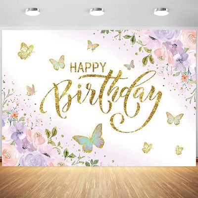 12x8ft Butterfly Happy Birthday Backdrop Purple Pink Flower Gold Butterfly Photography Background Girls Princess Birthday Party Banner Decorations Supplies Photo Booth Props