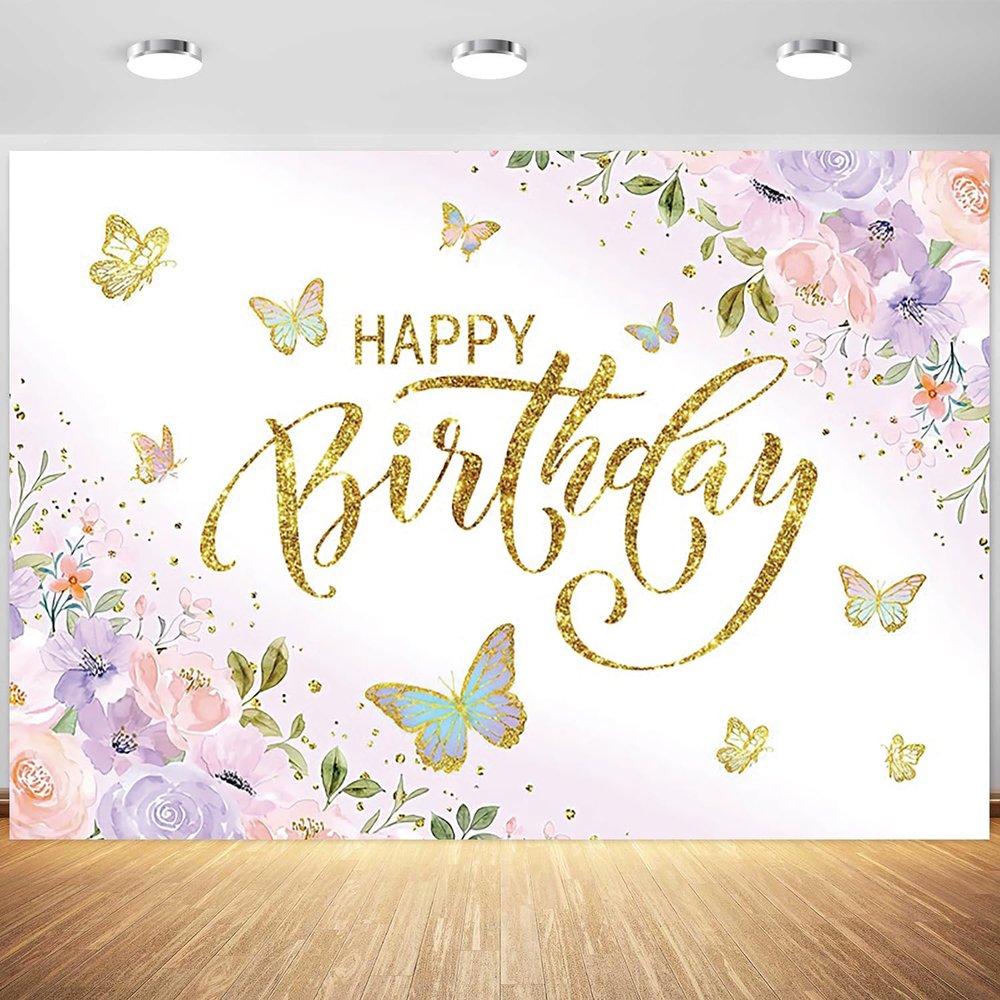 12x8ft Butterfly Happy Birthday Backdrop Purple Pink Flower Gold Butterfly Photography Background Girls Princess Birthday Party Banner Decorations Supplies Photo Booth Props