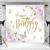 12x8ft Butterfly Happy Birthday Backdrop Purple Pink Flower Gold Butterfly Photography Background Girls Princess Birthday Party Banner Decorations Supplies Photo Booth Props view 3