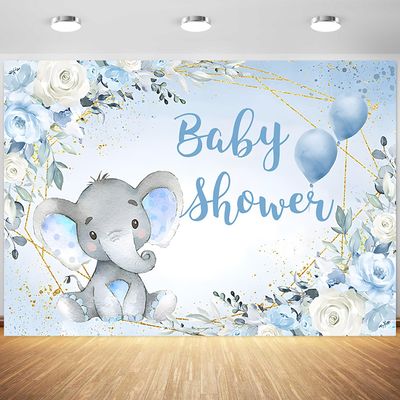 5x3ft Elephant Boy Baby Shower Backdrop Blue Flower Elephant Baby Shower Party Photography Background for Newborn Baby Banner Decorations Supplies Photo Booth Props