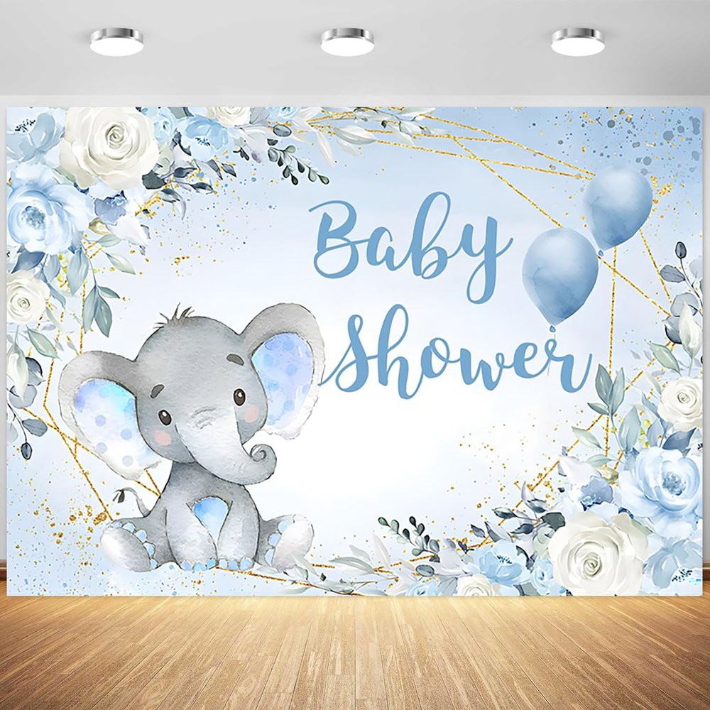 5x3ft Elephant Boy Baby Shower Backdrop Blue Flower Elephant Baby Shower Party Photography Background for Newborn Baby Banner Decorations Supplies Photo Booth Props