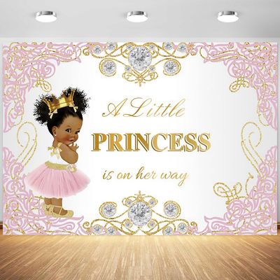 12x8ft Gold Princess Baby Shower Backdrop Pink Little Princess is On Her Way Photography Background Baby Girls Shower Party Banner Decorations Supplies Photo Booth Props
