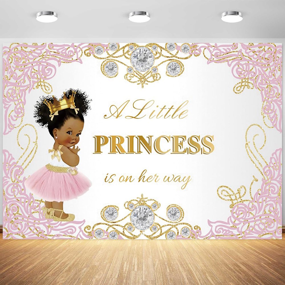12x8ft Gold Princess Baby Shower Backdrop Pink Little Princess is On Her Way Photography Background Baby Girls Shower Party Banner Decorations Supplies Photo Booth Props