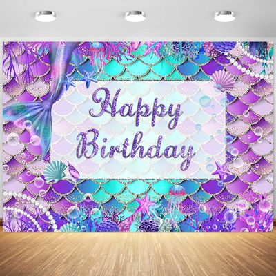 10x6.5ft Mermaid Birthday Backdrop Under The Sea Birthday Party Photography Background for Girl Glitter Blue Purple Mermaid Tails Banner Decorations Supplies Photo Booth Props