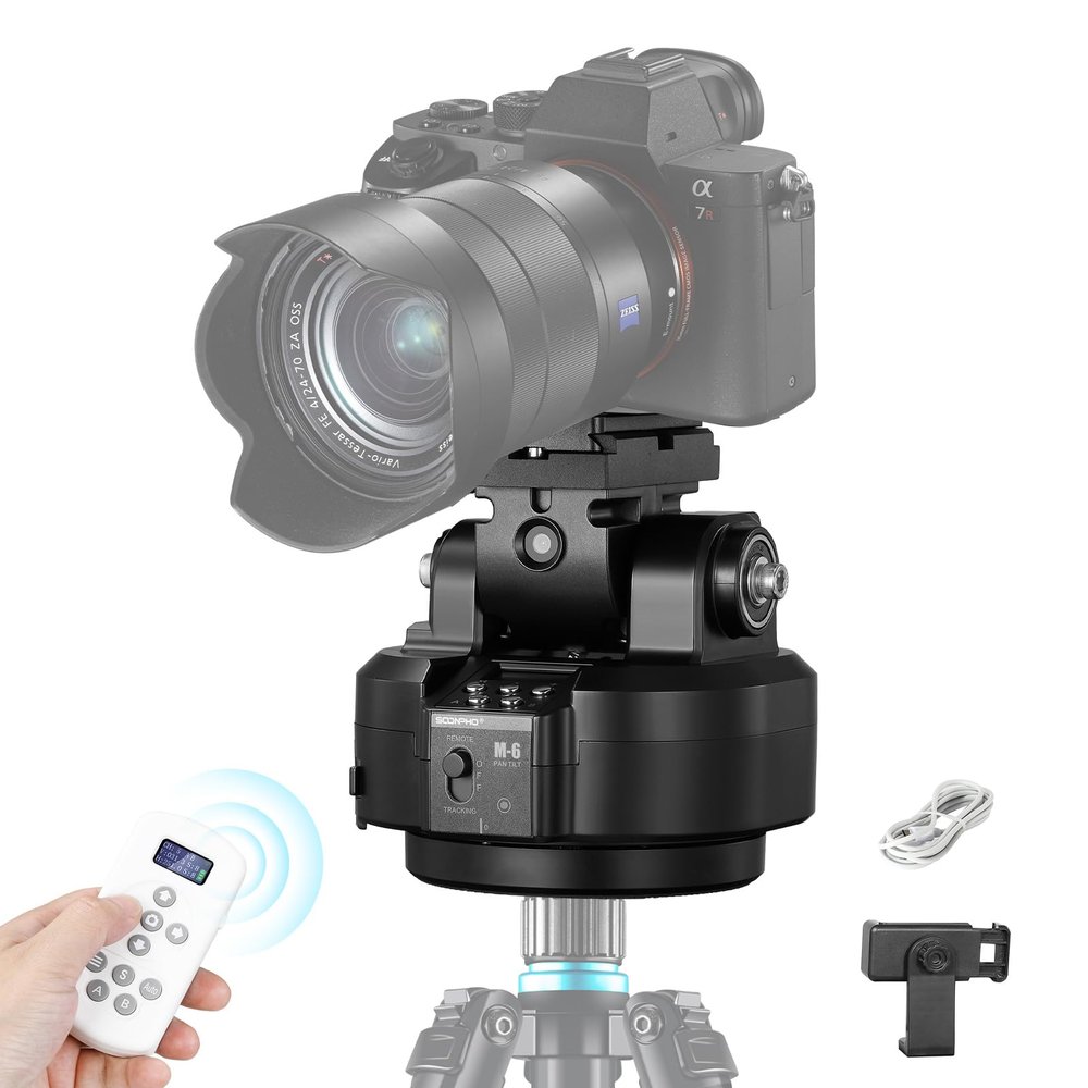 Soonpho M6 Auto Face Tracking Motorized Rotating Panoramic Tripod Head, Remote Control 360 Pan Tilt Head with Mobile Phone Clip for DSLR Cameras, Camcorders, Smartphones, Tripod