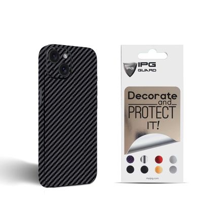IPG Compatible with iPhone 15 Plus Decorative Carbon Fiber Vinyl Back and Sides Full Protection Anti Scratch Skin Guard - 3D Surface - Easy to Install for 15 Plus (Black Carbon Fiber)