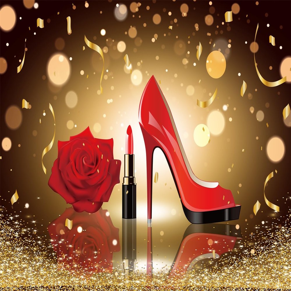 Loccor 10x8ft Fabric Red Gold Bokeh Birthday Party Backdrop Lady Queen High Heel Shoes Rose Lipstick Photography Background for Girls Women Birthday Party Decor Photo Studio Props