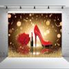 Loccor 10x8ft Fabric Red Gold Bokeh Birthday Party Backdrop Lady Queen High Heel Shoes Rose Lipstick Photography Background for Girls Women Birthday Party Decor Photo Studio Props view 2