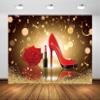 Loccor 10x8ft Fabric Red Gold Bokeh Birthday Party Backdrop Lady Queen High Heel Shoes Rose Lipstick Photography Background for Girls Women Birthday Party Decor Photo Studio Props view 3
