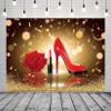 Loccor 10x8ft Fabric Red Gold Bokeh Birthday Party Backdrop Lady Queen High Heel Shoes Rose Lipstick Photography Background for Girls Women Birthday Party Decor Photo Studio Props view 4
