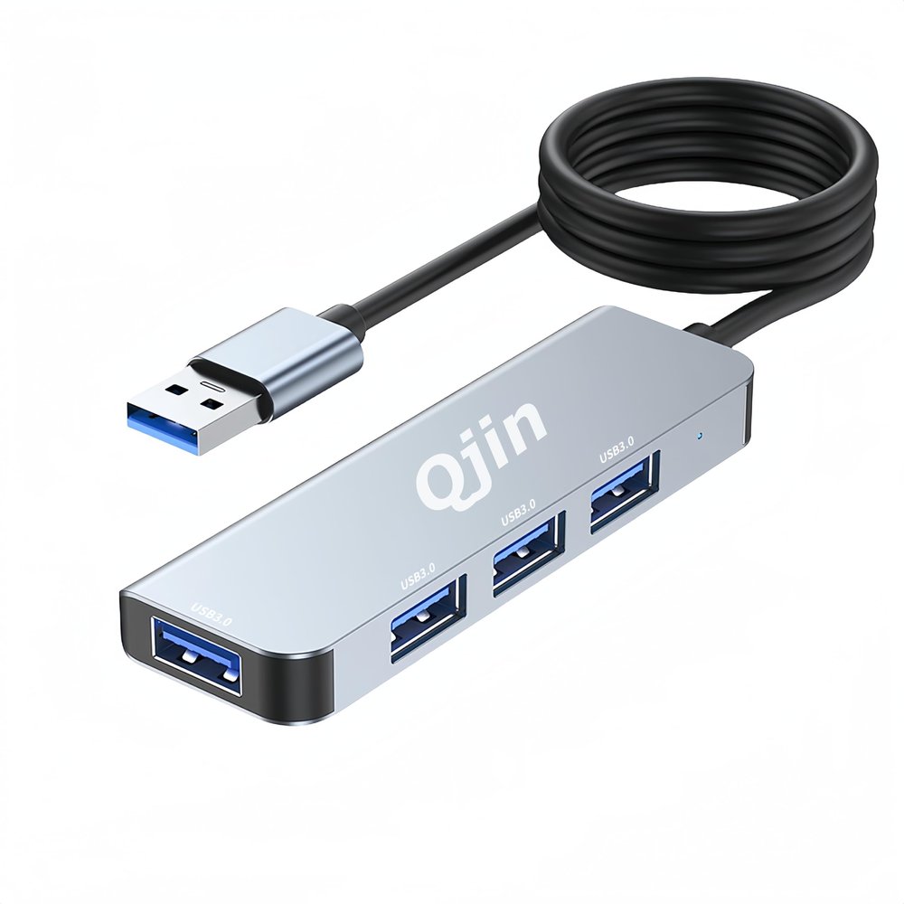 Qjin USB 3.0 Hub for Acer, Dell, HP Laptop & TV - 4 Port USB Splitter Compatible with Flash Drive, HDD, Headset, Printer, Keyborad & Mouse - 4 Feet