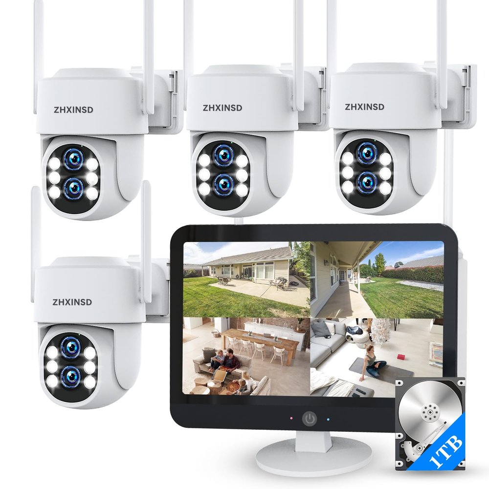 Security Camera System Outdoor Wireless for Home, ZHXINSD Dual Lens 6MP 10X Hybrid Zoom 360 Auto-Track 4 Cameras Set with 12.5" Monitor, 2.4/5G 10CH 4K NVR 24/7 Record Two-Way Audio Indoor 1TB HDD