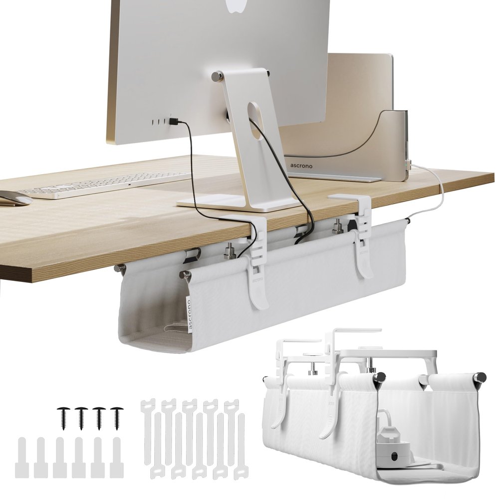 Ascrono Original No Drill Under Desk Cable Management Tray 27.3" - Premium White Fabric Cable Management Under Desk - Clamp/Screw Mount Cord Organizer - Supports Upto 66lbs